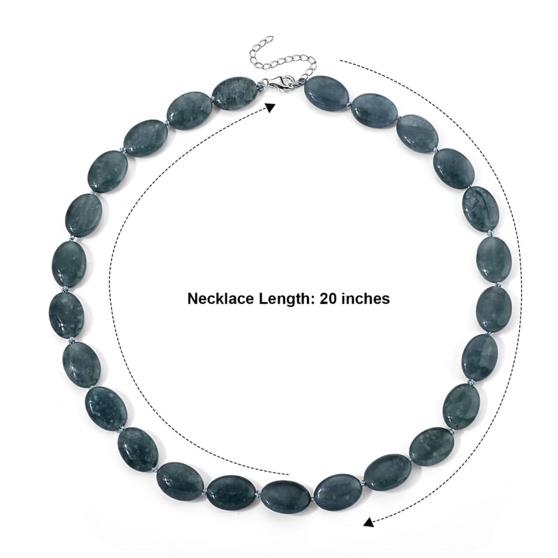D'Joy Natural Olmec Jadeite 390.00 ctw Beaded Oval Necklace in Rhodium Over Sterling Silver 20-22 Inches
