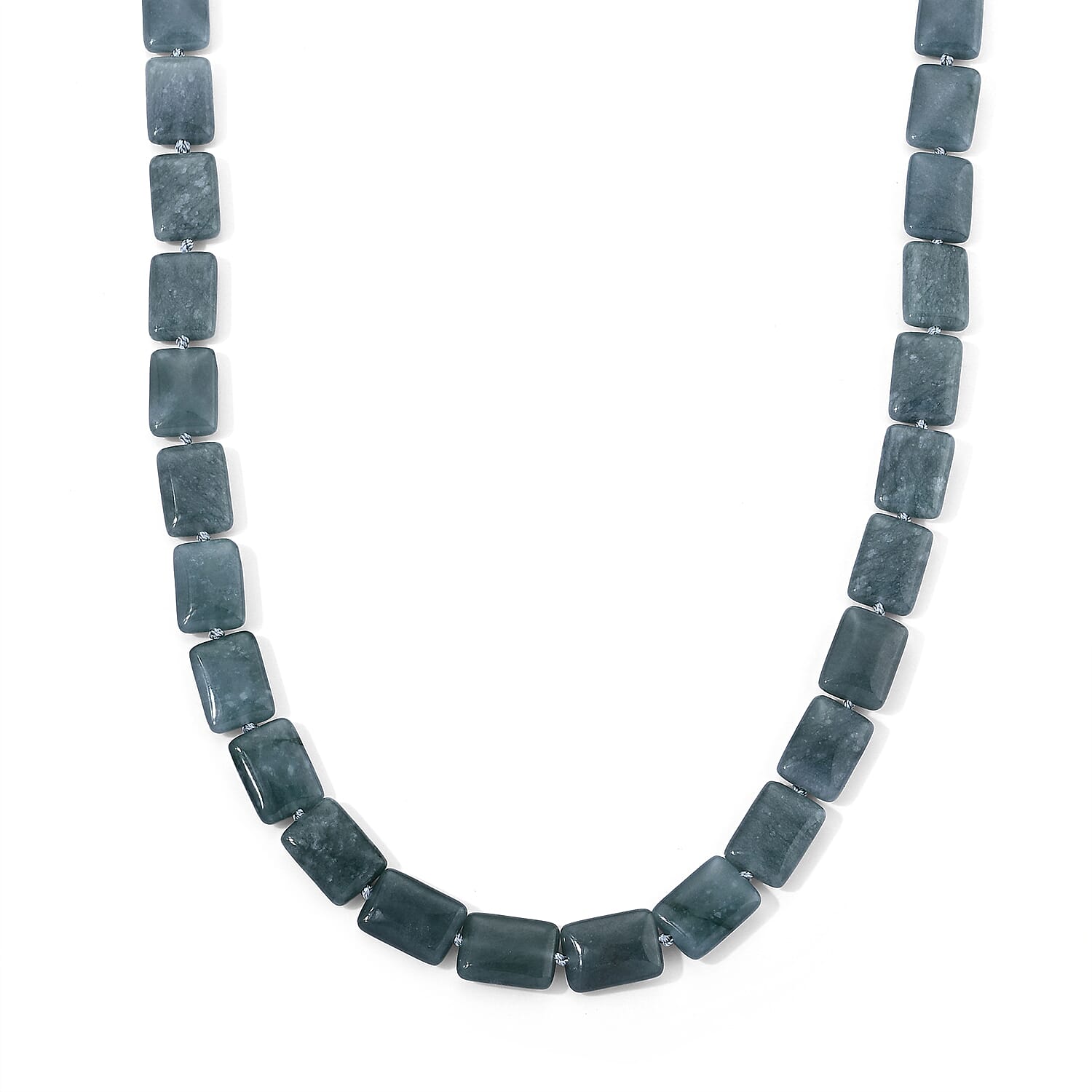D'Joy Natural Olmec Jadeite 410.00 ctw Beaded Rectangle Necklace in Rhodium Over Sterling Silver 20-22 Inches