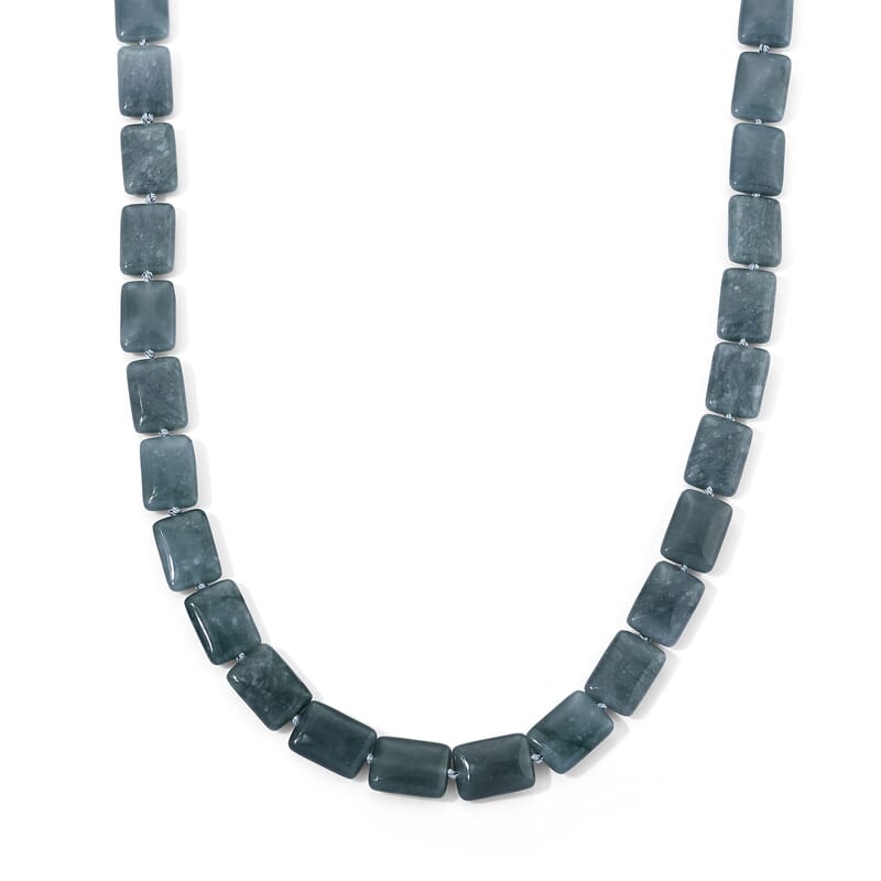 D'Joy Natural Olmec Jadeite 410.00 ctw Beaded Rectangle Necklace in Rhodium Over Sterling Silver 20-22 Inches