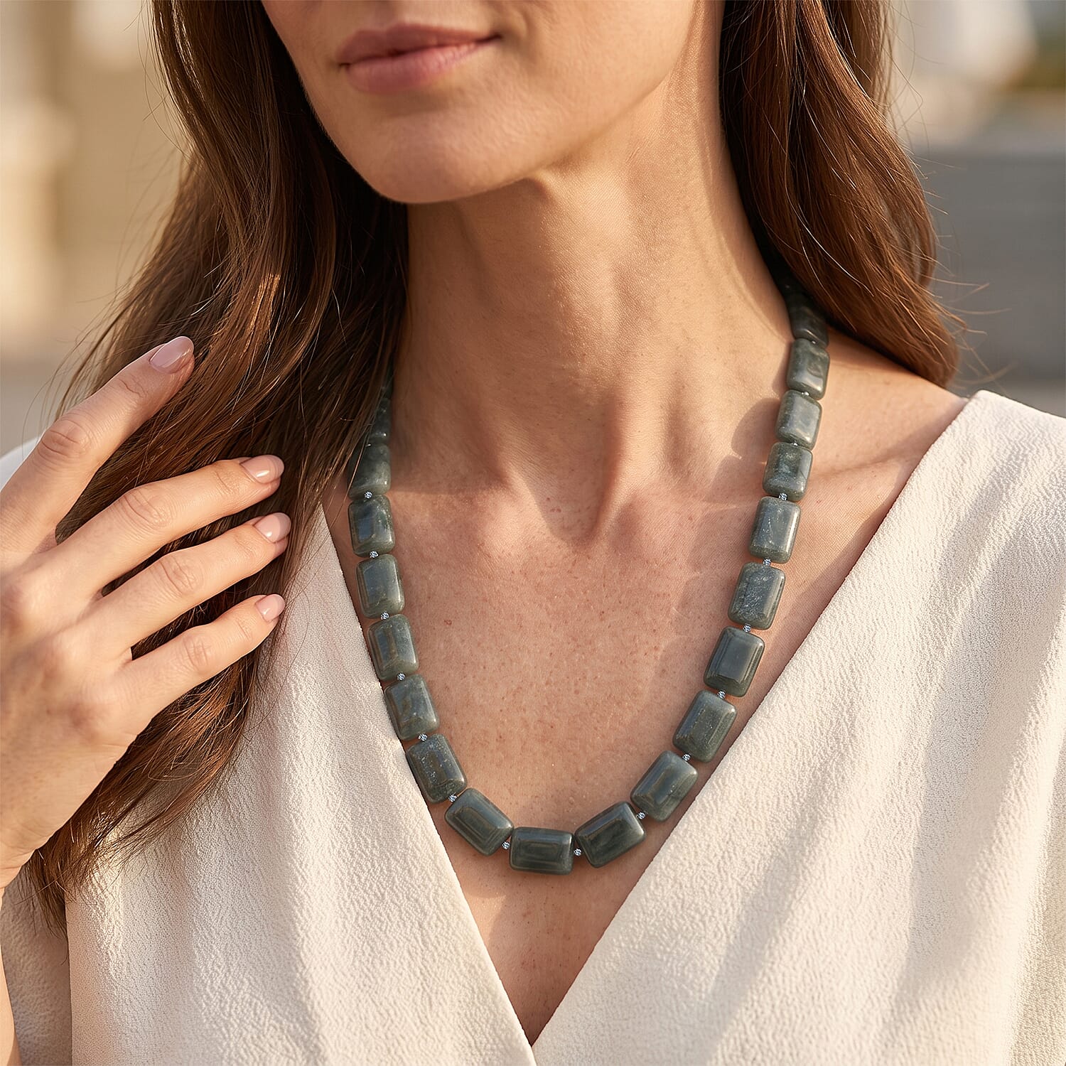 D'Joy Natural Olmec Jadeite 410.00 ctw Beaded Rectangle Necklace in Rhodium Over Sterling Silver 20-22 Inches