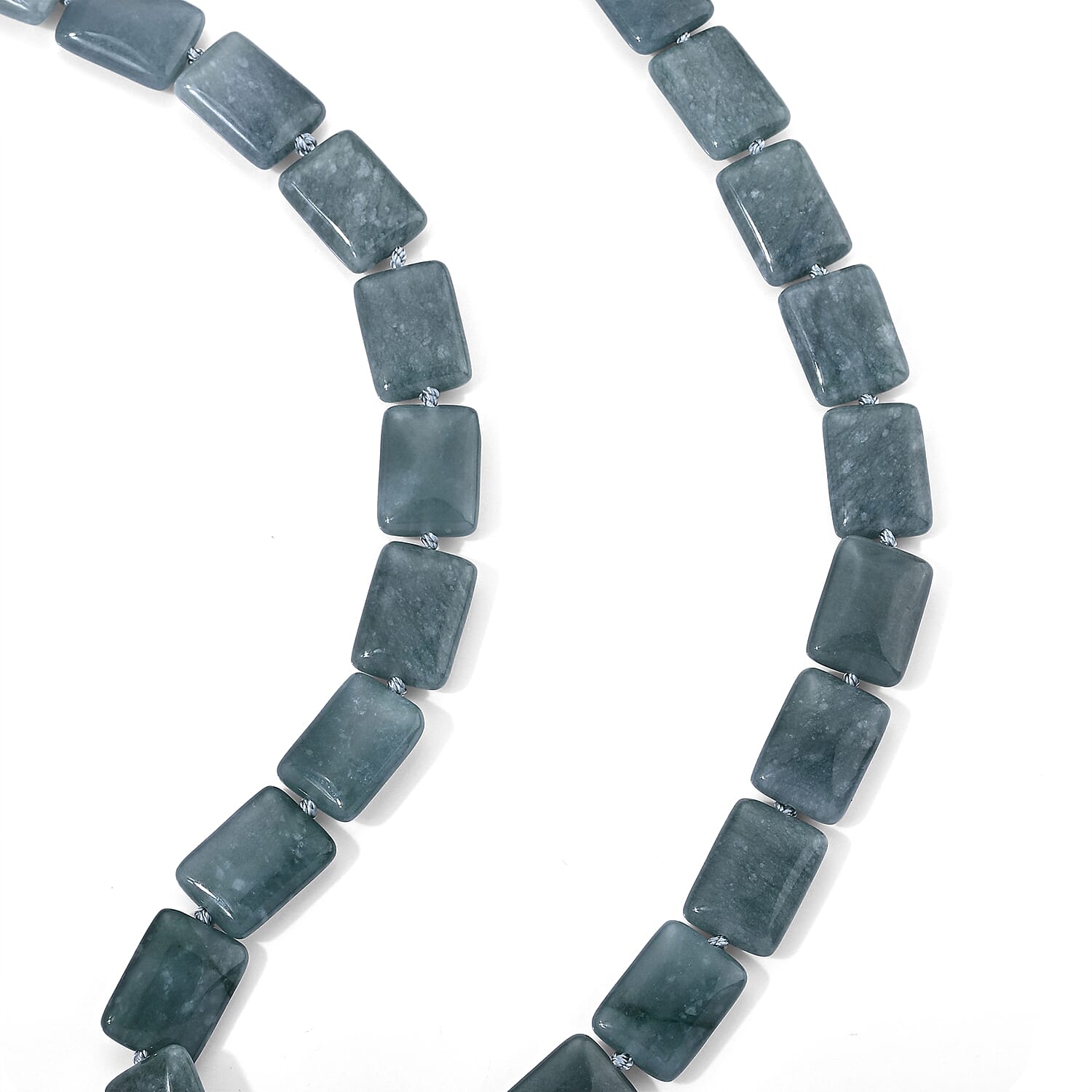 D'Joy Natural Olmec Jadeite 410.00 ctw Beaded Rectangle Necklace in Rhodium Over Sterling Silver 20-22 Inches