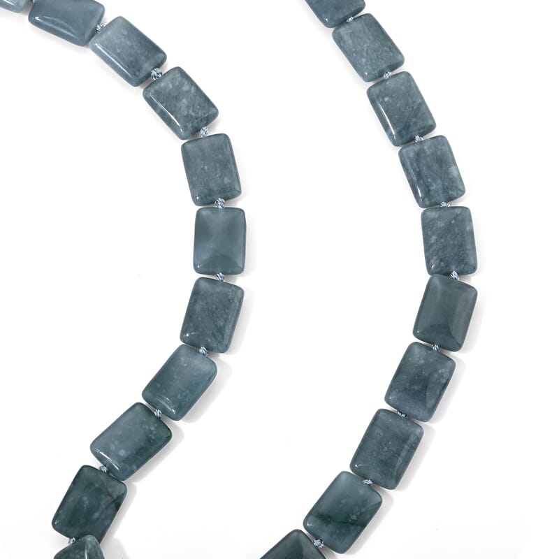 D'Joy Natural Olmec Jadeite 410.00 ctw Beaded Rectangle Necklace in Rhodium Over Sterling Silver 20-22 Inches