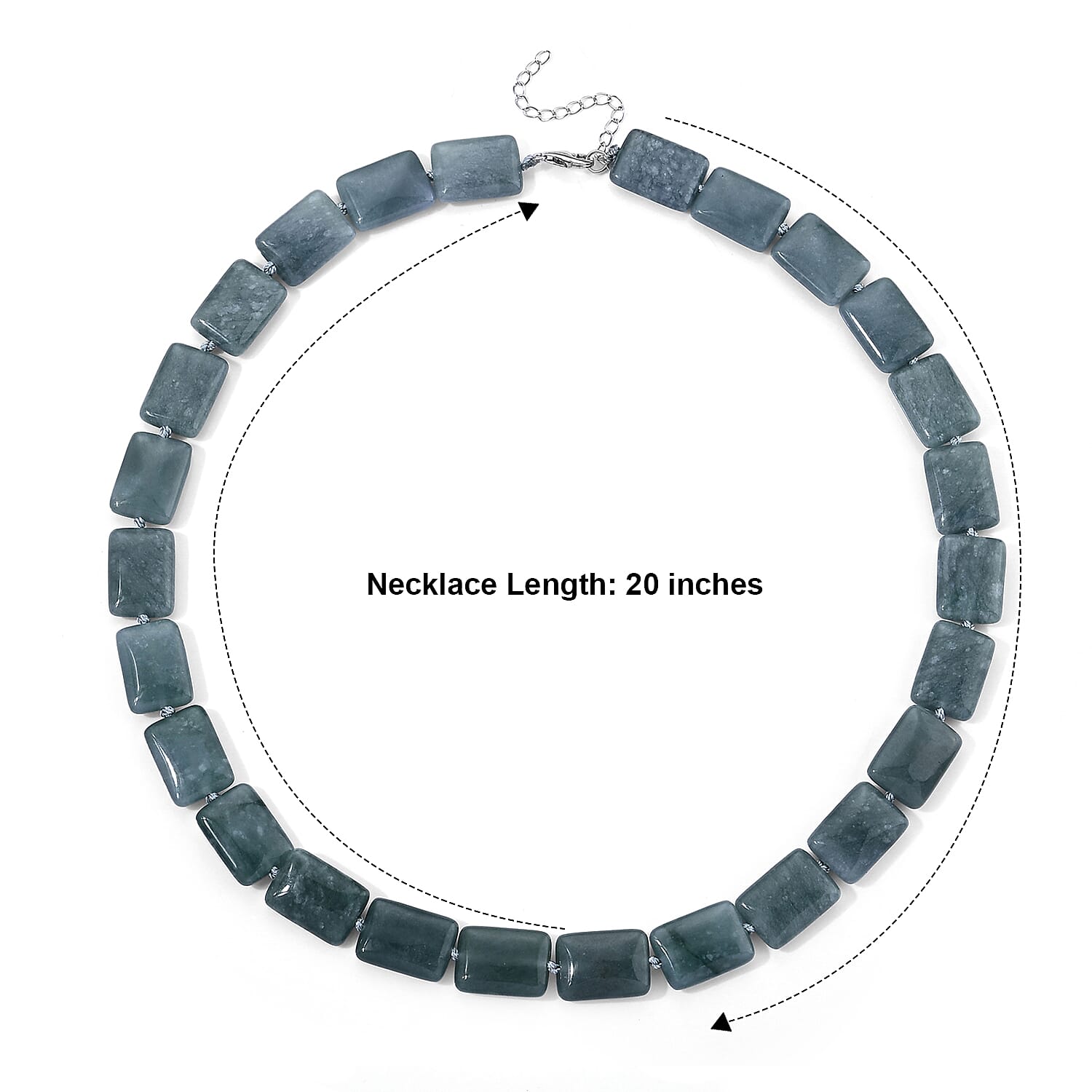 D'Joy Natural Olmec Jadeite 410.00 ctw Beaded Rectangle Necklace in Rhodium Over Sterling Silver 20-22 Inches