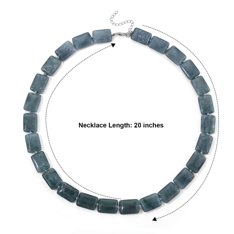 D'Joy Natural Olmec Jadeite 410.00 ctw Beaded Rectangle Necklace in Rhodium Over Sterling Silver 20-22 Inches