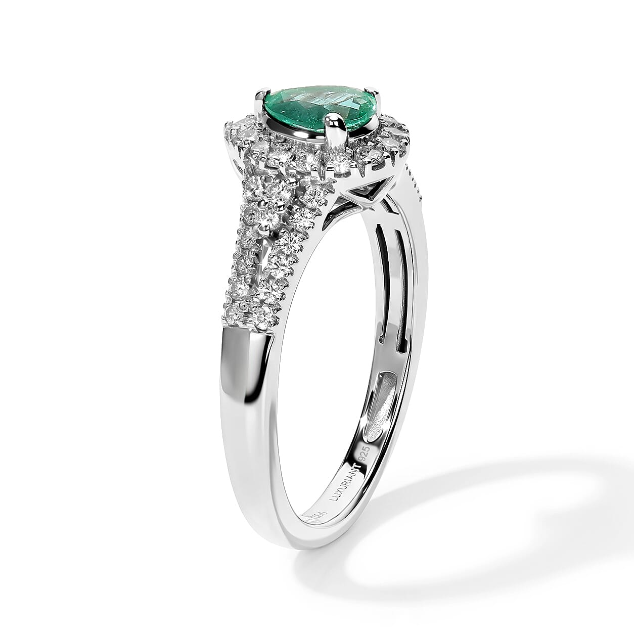 Certified and Appraised D'Joy Premium Boyaca Colombian Mint Emerald and Luxuriant Lab Grown Diamond G-H SI 0.90 ctw Ring in Rhodium Over Sterling Silver (Size 6.0)