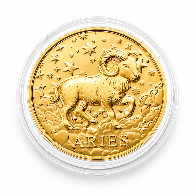 24K Gold Celestial Zodiac Collection - Aries Embossed Double View Coin Sheet 10mg (50mm)