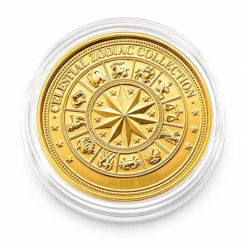 24K Gold Celestial Zodiac Collection - Aries Embossed Double View Coin Sheet 10mg (50mm)