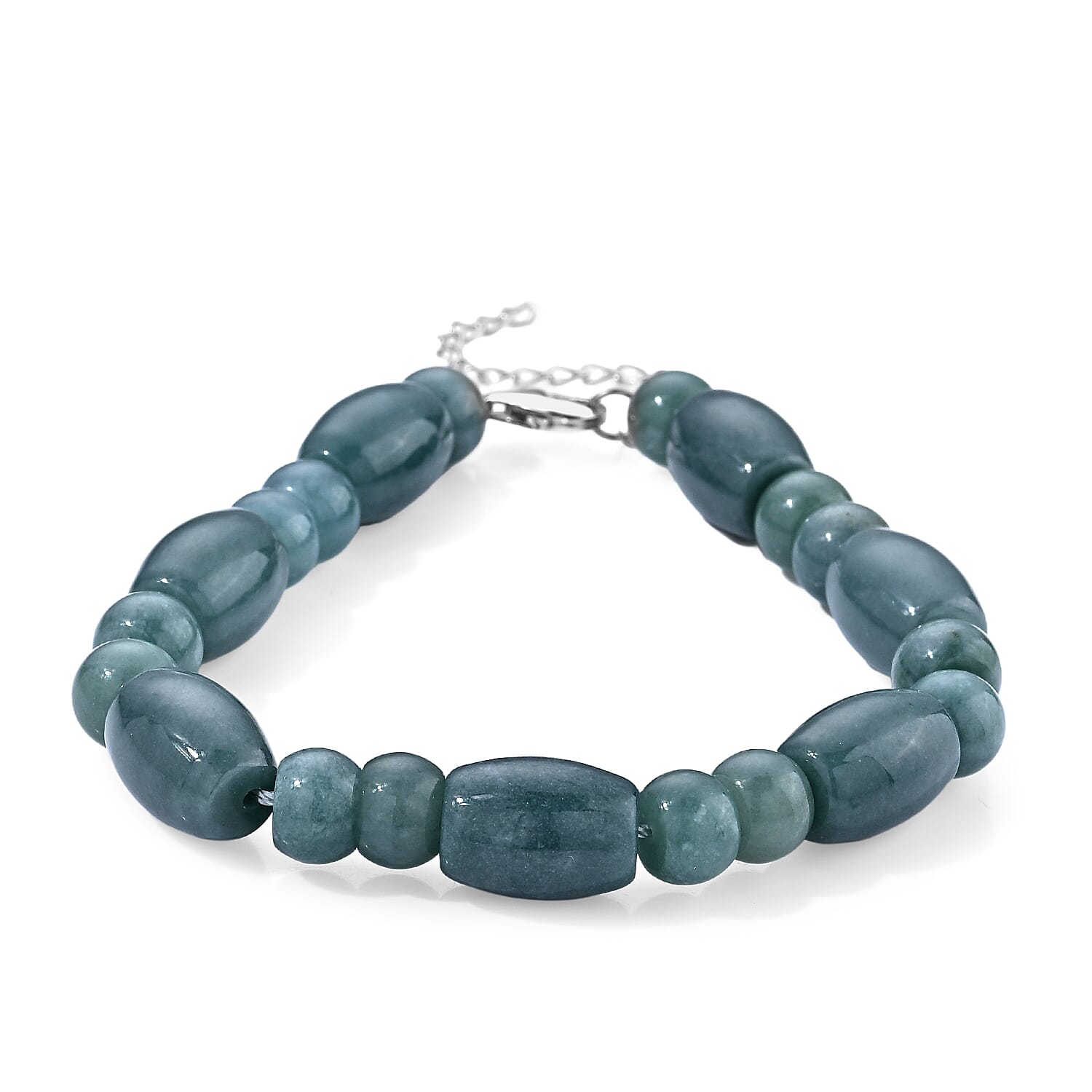 D'Joy Natural Olmec Jadeite 150.00 ctw Beaded Bracelet in Rhodium Over Sterling Silver (7.5-9.5In)