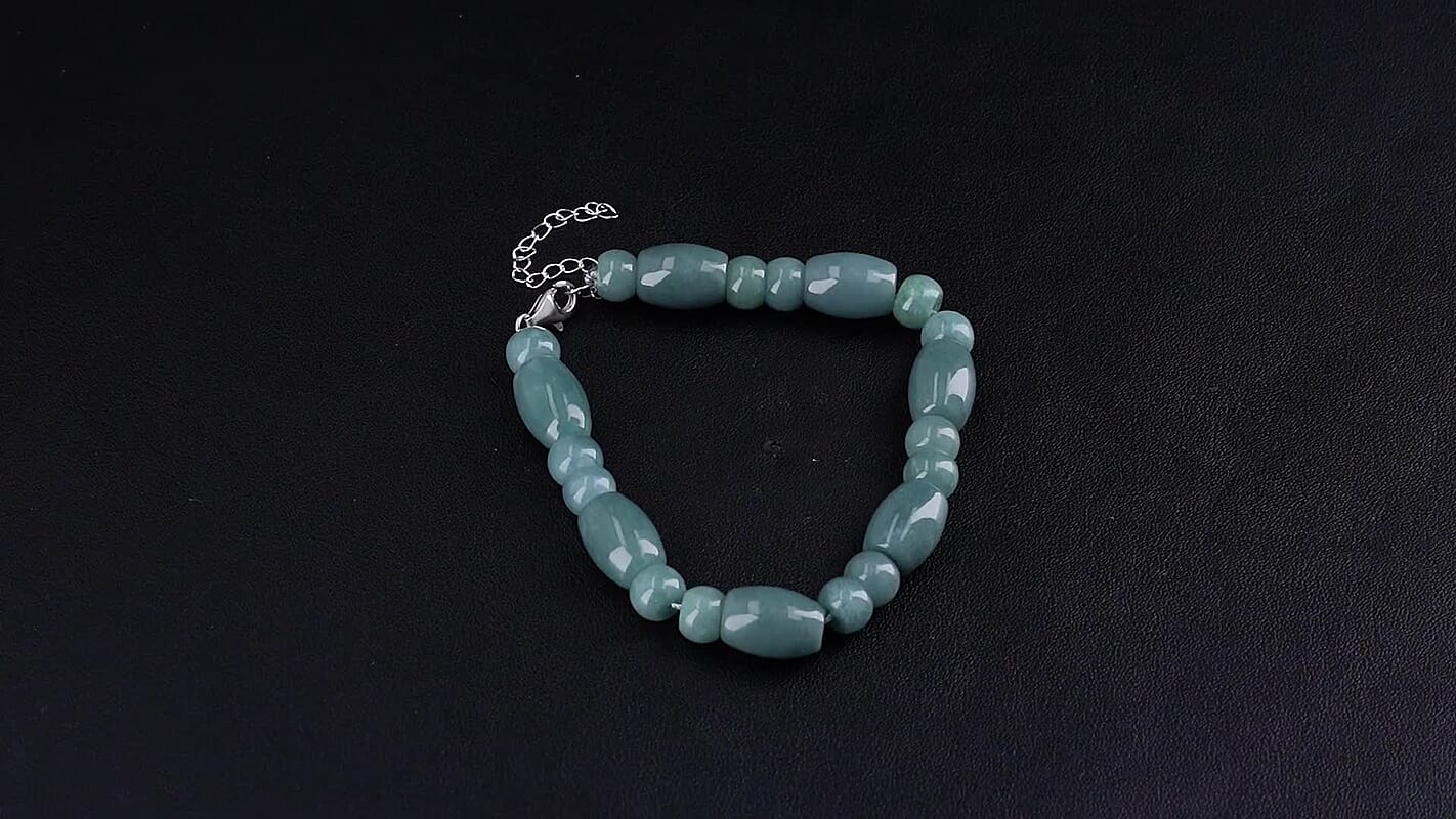 D''Joy Natural Olmec Jadeite Beaded Bracelet in Rhodium Over Sterling Silver (7.5-9.5In) 150.00 ctw