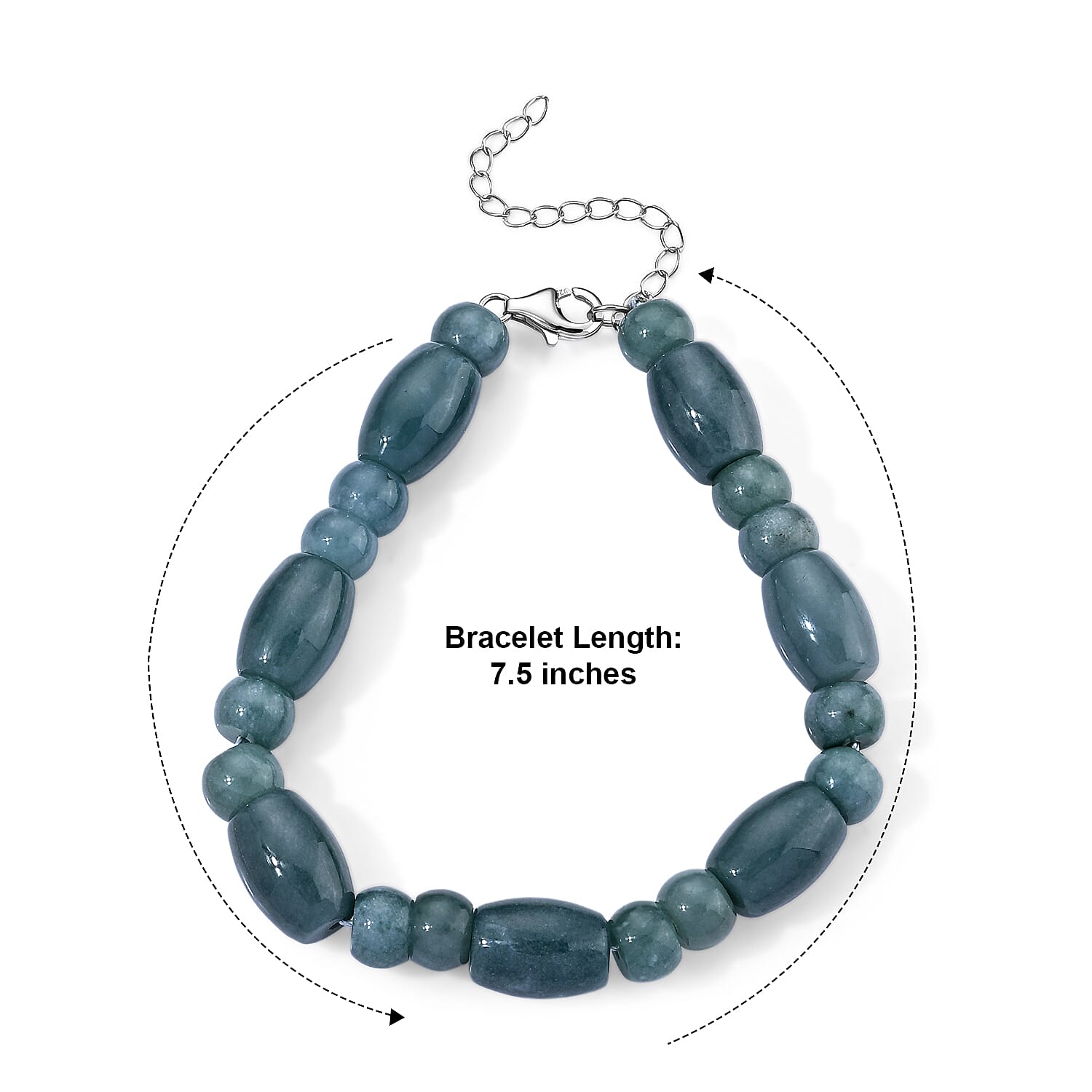 D'Joy Natural Olmec Jadeite 150.00 ctw Beaded Bracelet in Rhodium Over Sterling Silver (7.5-9.5In)