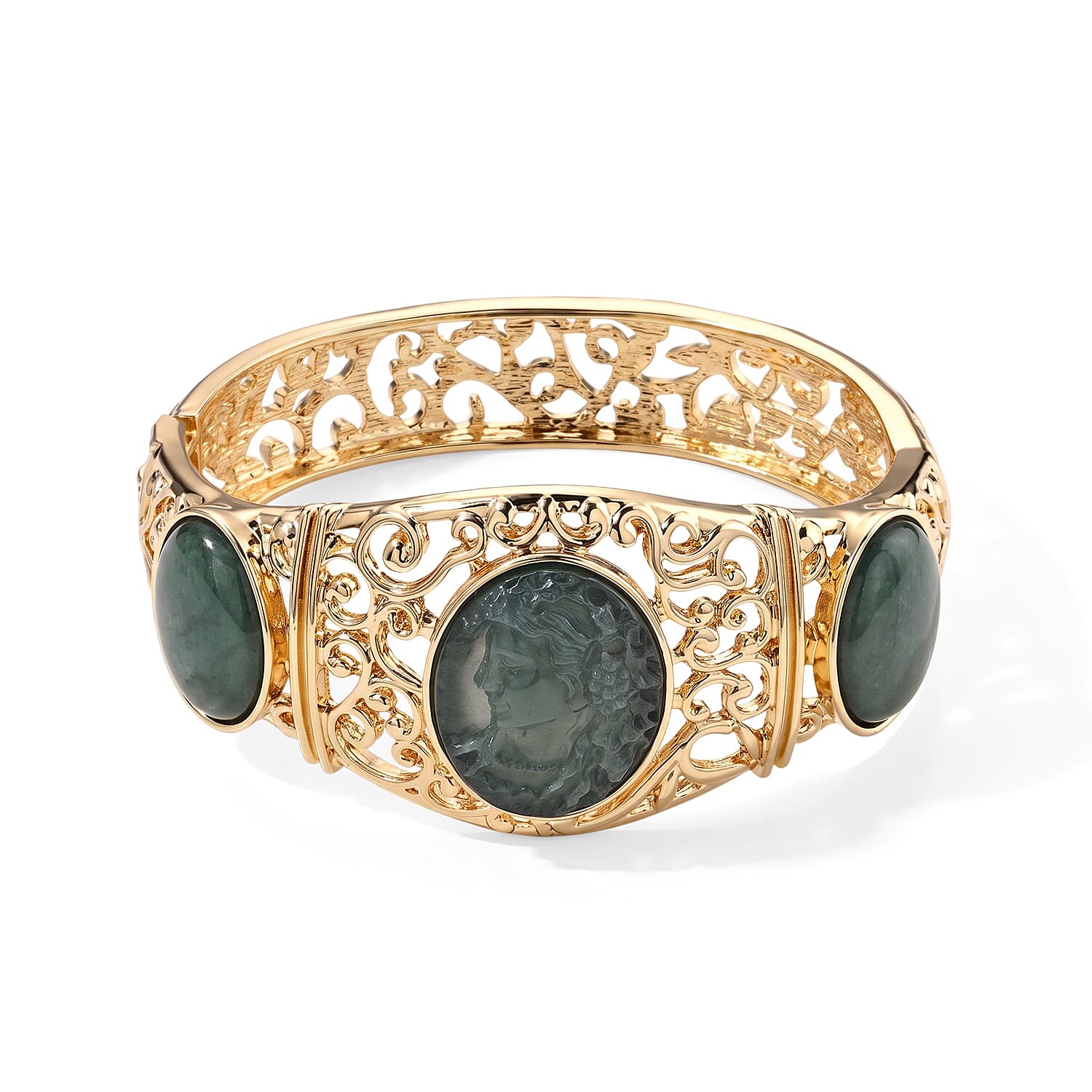 Natural Olmec Jadeite 80.00 ctw Carved Bangle Bracelet in Goldtone (7.50 In)