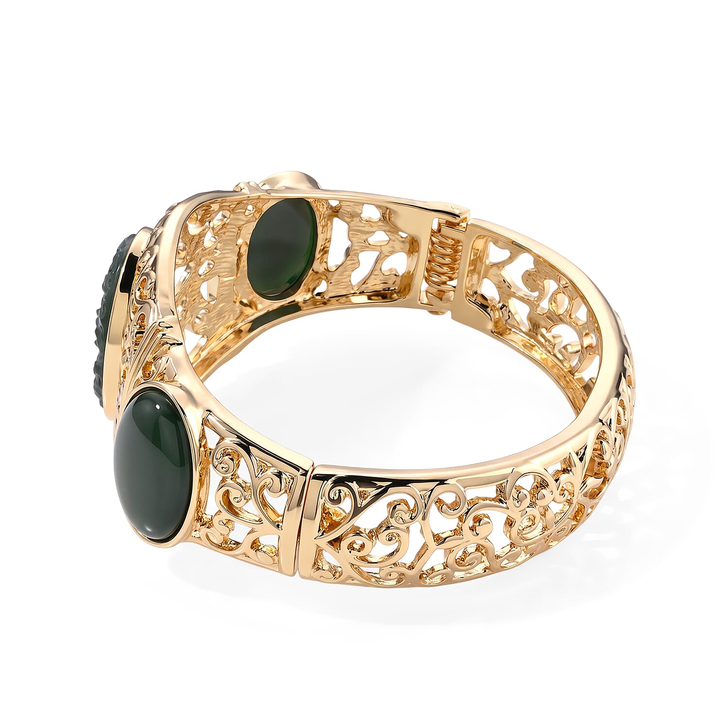 Natural Olmec Jadeite 80.00 ctw Carved Bangle Bracelet in Goldtone (7.50 In)