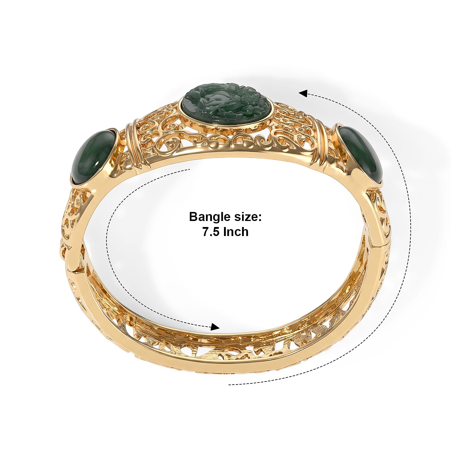 Natural Olmec Jadeite 80.00 ctw Carved Bangle Bracelet in Goldtone (7.50 In)