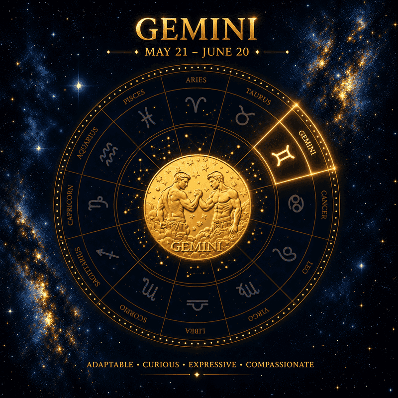24K Gold Celestial Zodiac Collection - Gemini Embossed Double View Coin Sheet 10mg (50mm)