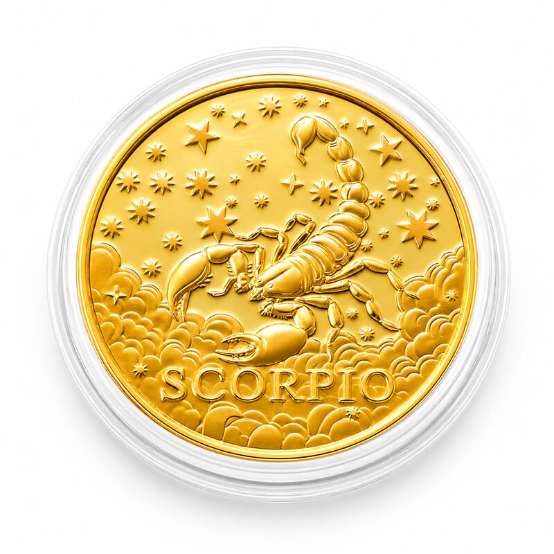 24K Gold Celestial Zodiac Collection - Scorpio Embossed Double View Coin Sheet 10mg (50mm)