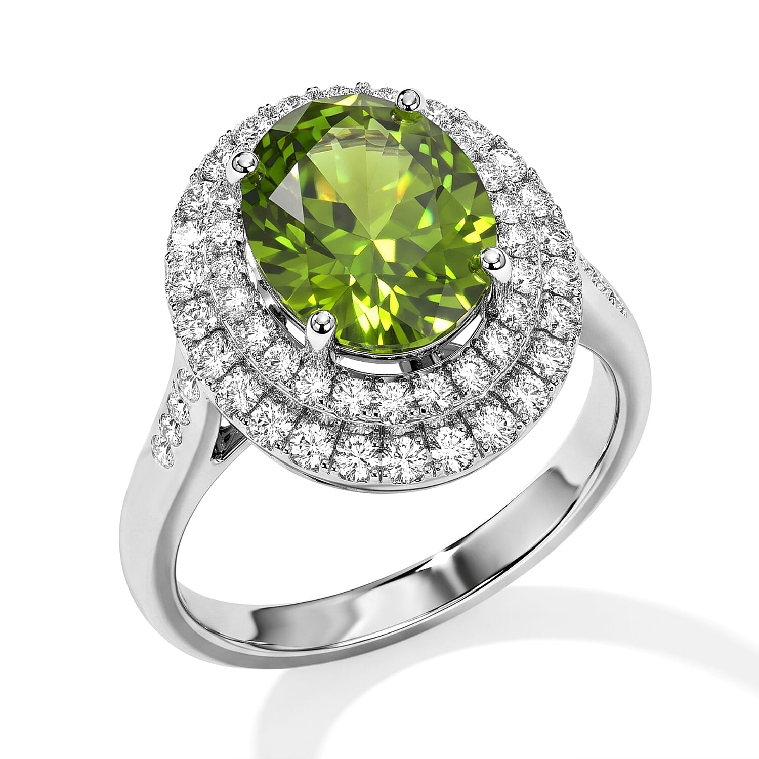 Certified and Appraised D'Joy Premium Hebei Peridot and Moissanite 3.60 ctw Ring in Rhodium Over Sterling Silver (Size 6.0)