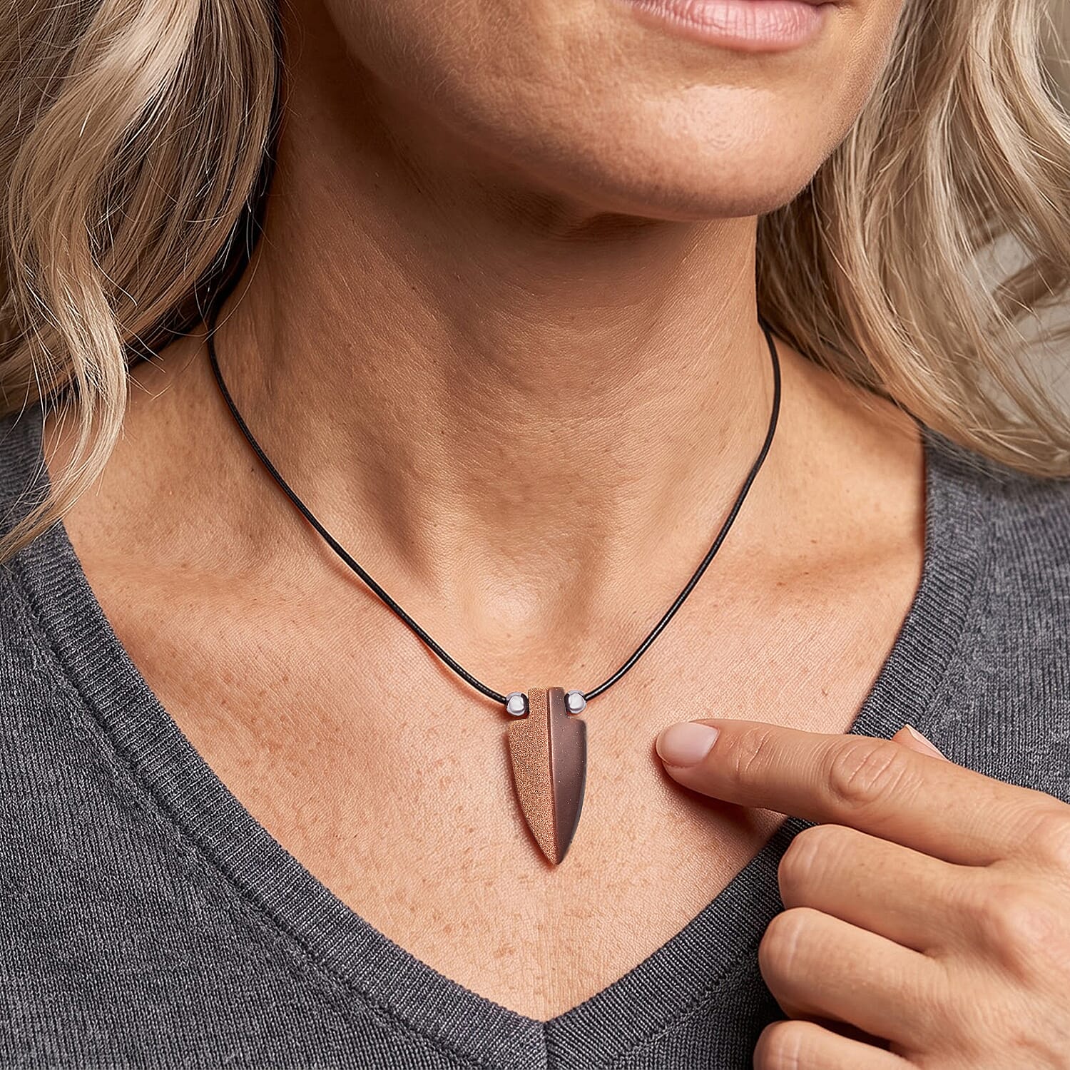 Arrowhead Goldstone and Lava 32.00 ctw Cord Necklace in Stainless Steel 16-20 Inches