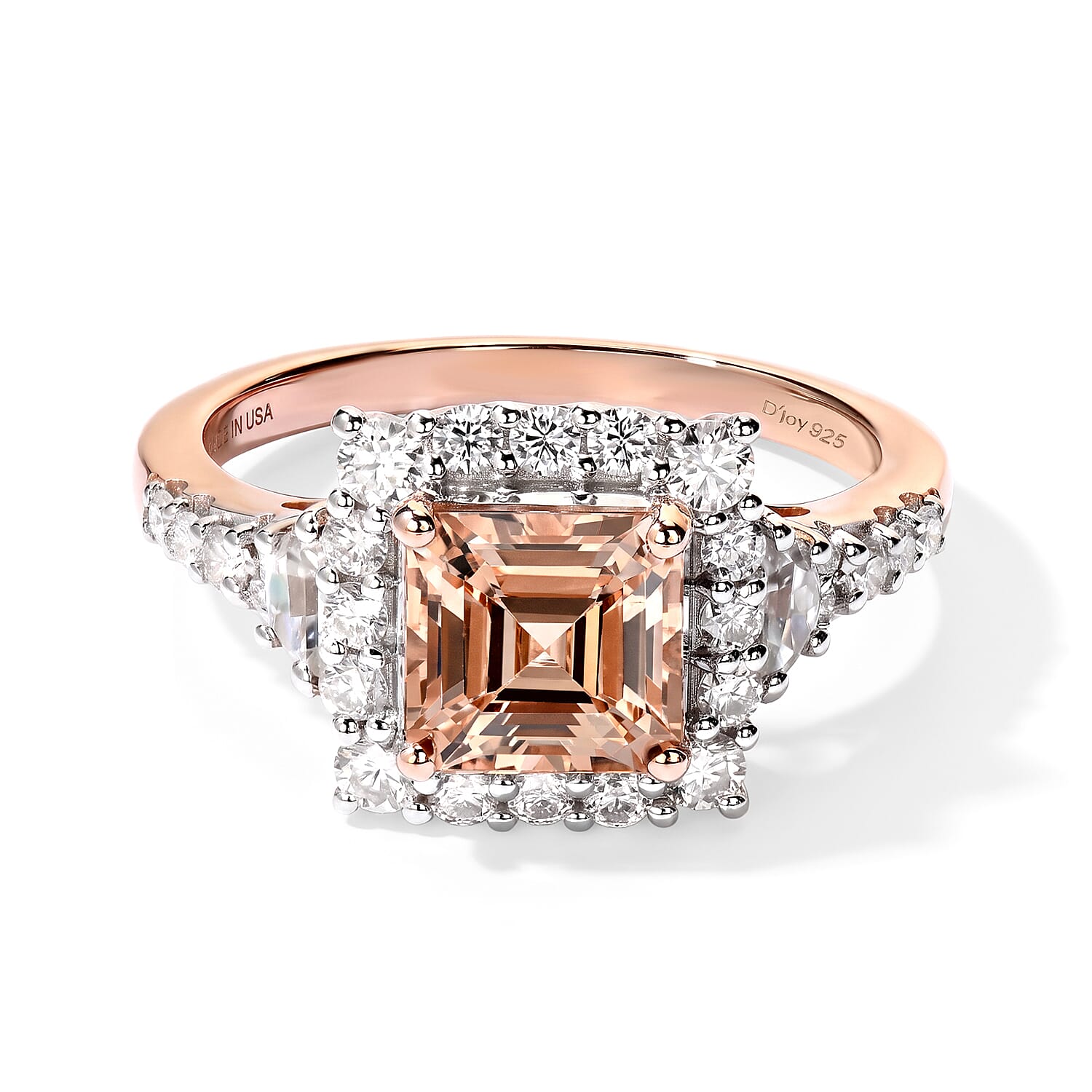 Certified and Appraised D'Joy Premium Asscher Cut Marropino Morganite and Moissanite 2.60 ctw Ring in 18K Vermeil Rose Gold Over Sterling Silver (Size 6.0)