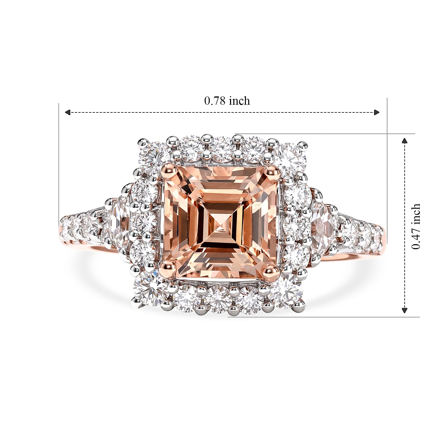 Certified and Appraised D'Joy Premium Asscher Cut Marropino Morganite and Moissanite 2.60 ctw Ring in 18K Vermeil Rose Gold Over Sterling Silver (Size 6.0)