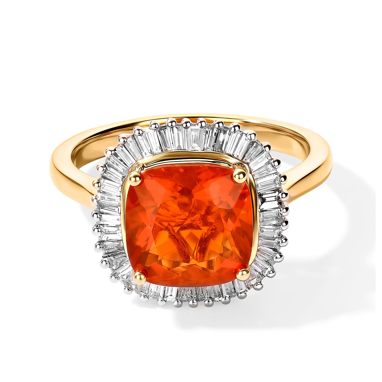 10K Yellow Gold AAA Crimson Fire Opal, Luxuriant Lab Grown Diamond (VS) Scarlet Sunburst Ring (Size 5.0) 2.50 ctw