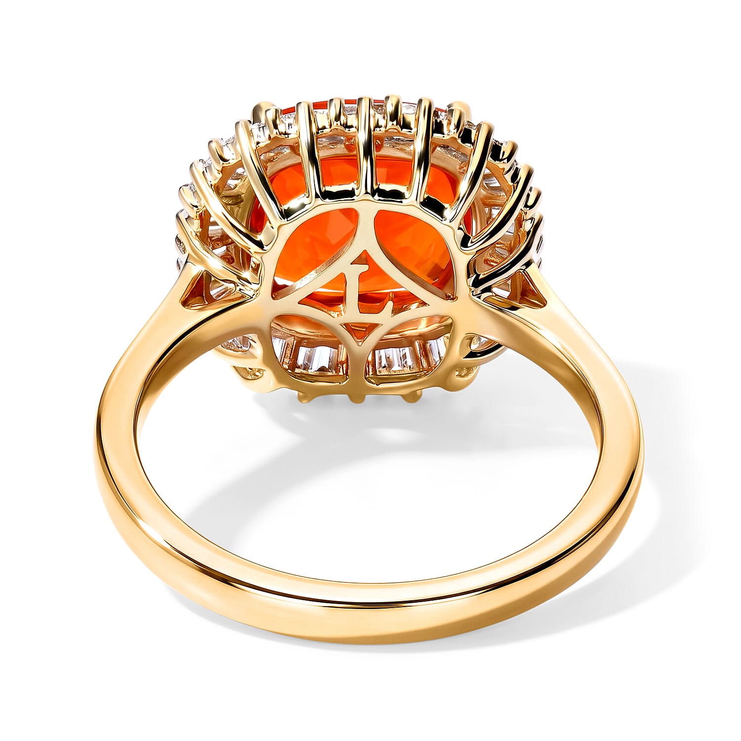 10K Yellow Gold AAA Crimson Fire Opal, Luxuriant Lab Grown Diamond (VS) Scarlet Sunburst Ring (Size 5.0) 2.50 ctw