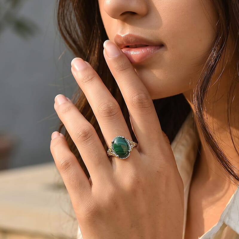 EverTrue African Malachite 8.90 ctw Verdant Filigree Ring in 18K YG Plated and Platinum Bond (Size 5.0)
