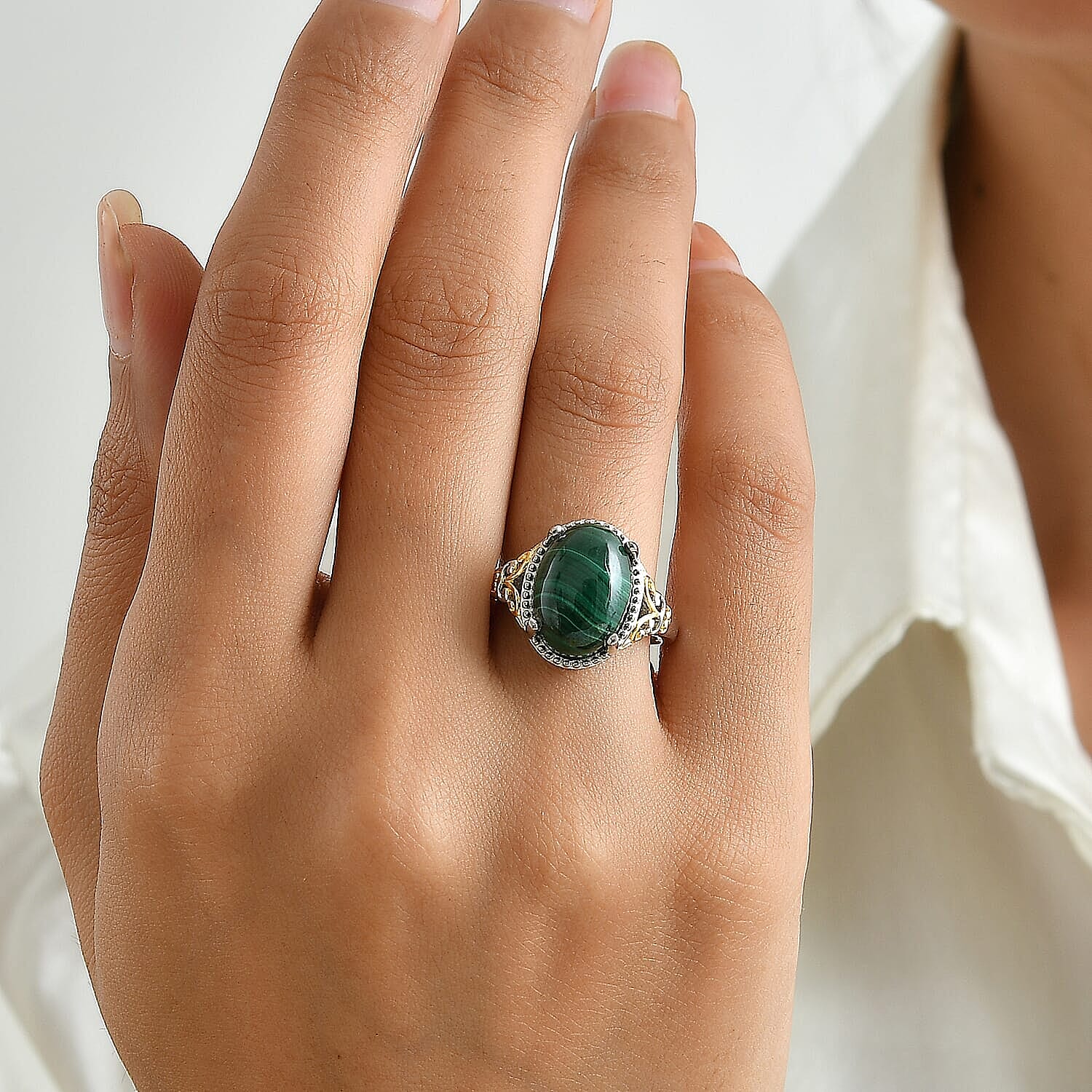EverTrue African Malachite 8.90 ctw Verdant Filigree Ring in 18K YG Plated and Platinum Bond (Size 5.0)
