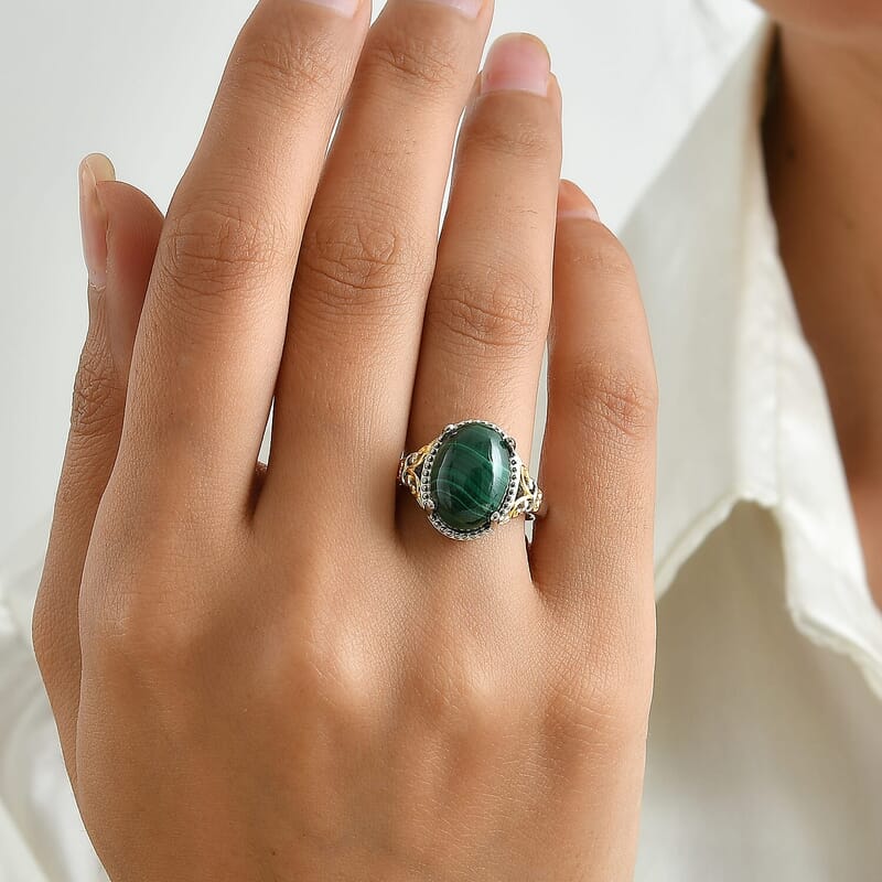EverTrue African Malachite 8.90 ctw Verdant Filigree Ring in 18K YG Plated and Platinum Bond (Size 5.0)