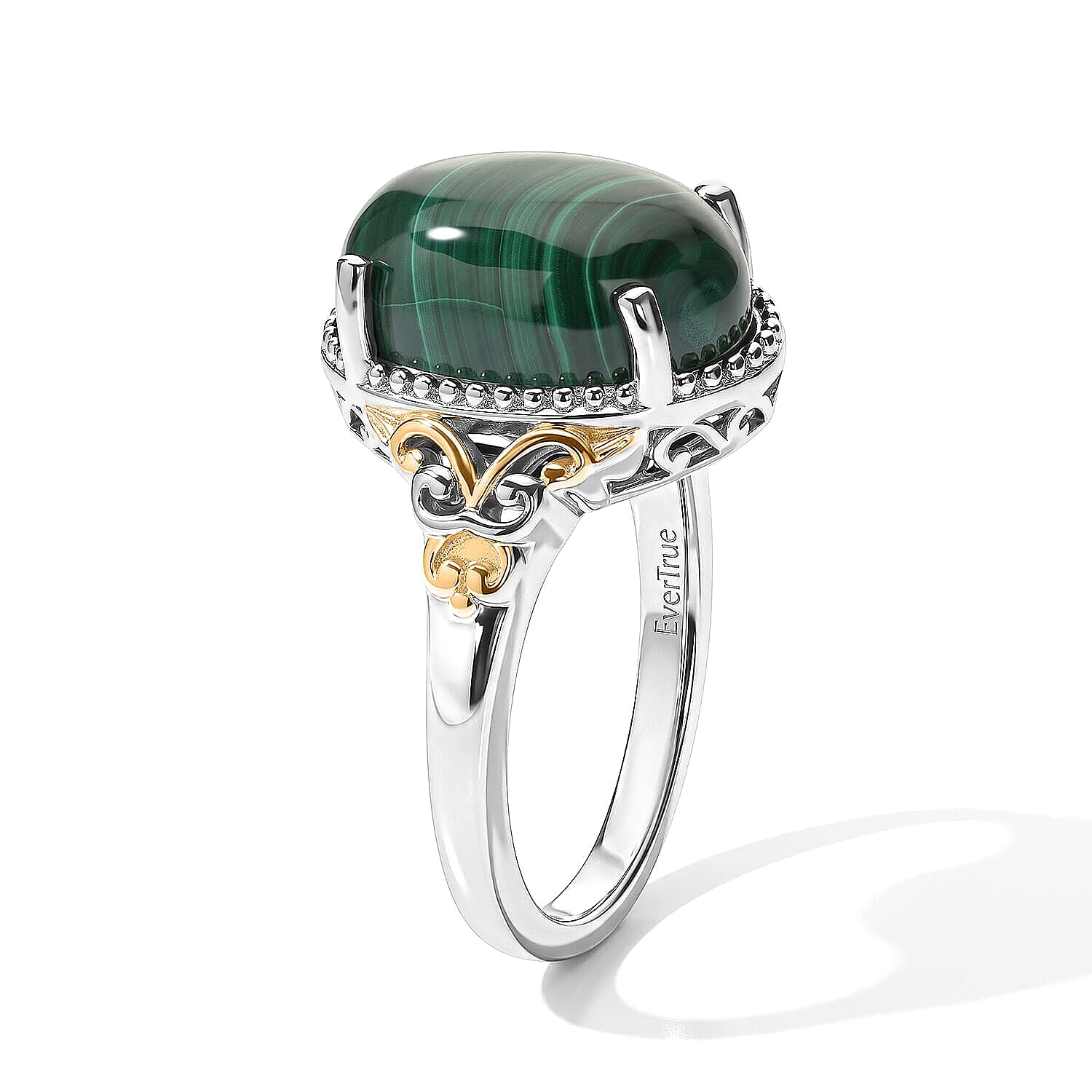 EverTrue African Malachite 8.90 ctw Verdant Filigree Ring in 18K YG Plated and Platinum Bond (Size 5.0)