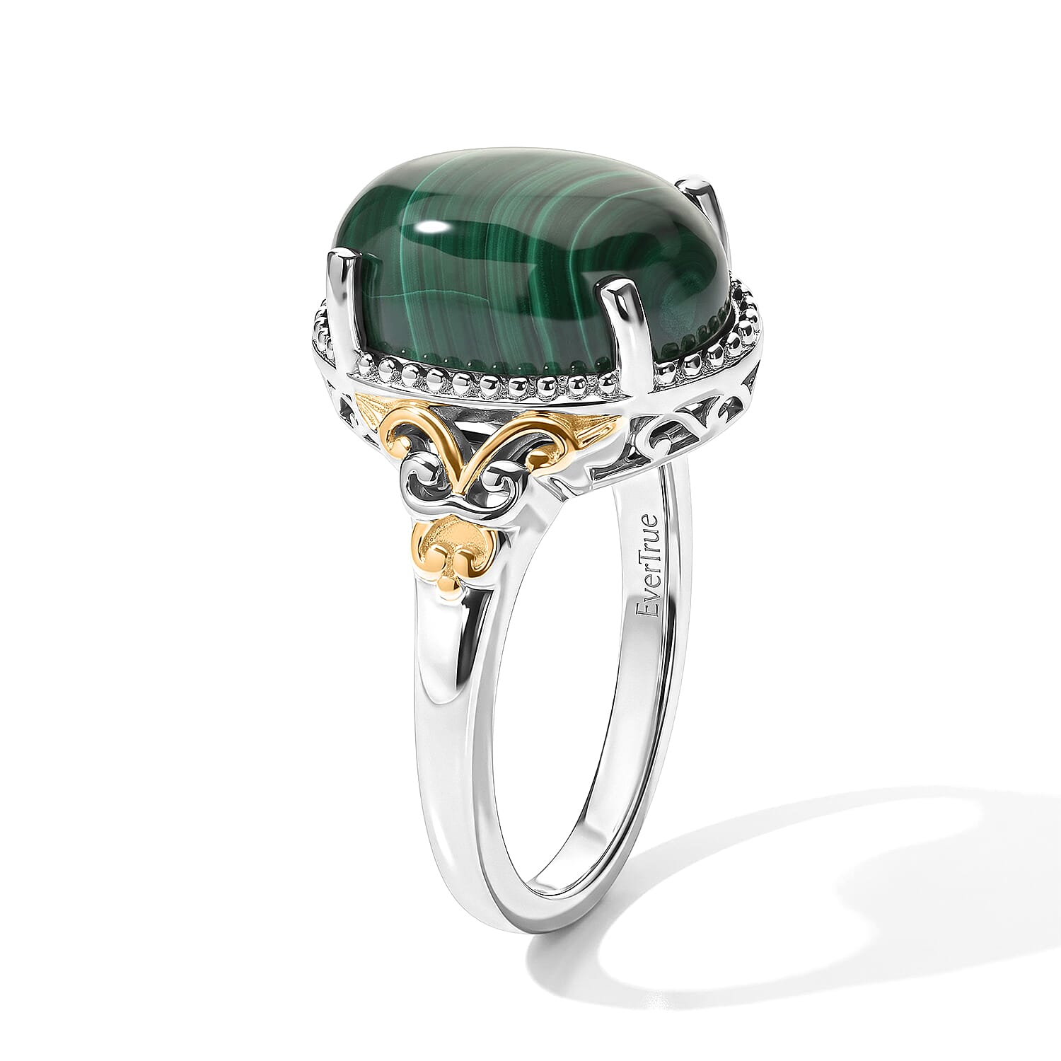 EverTrue African Malachite 8.90 ctw Verdant Filigree Ring in 18K YG Plated and Platinum Bond (Size 9.0)