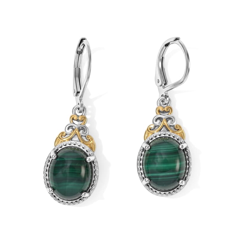 EverTrue African Malachite 11.40 ctw Verdant Filigree Lever Back Earrings in 18K YG Plated and Platinum Bond