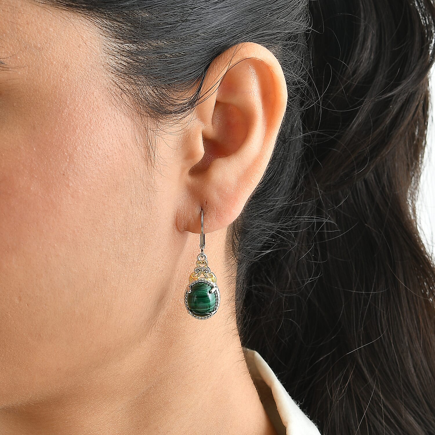 EverTrue African Malachite 11.40 ctw Verdant Filigree Lever Back Earrings in 18K YG Plated and Platinum Bond