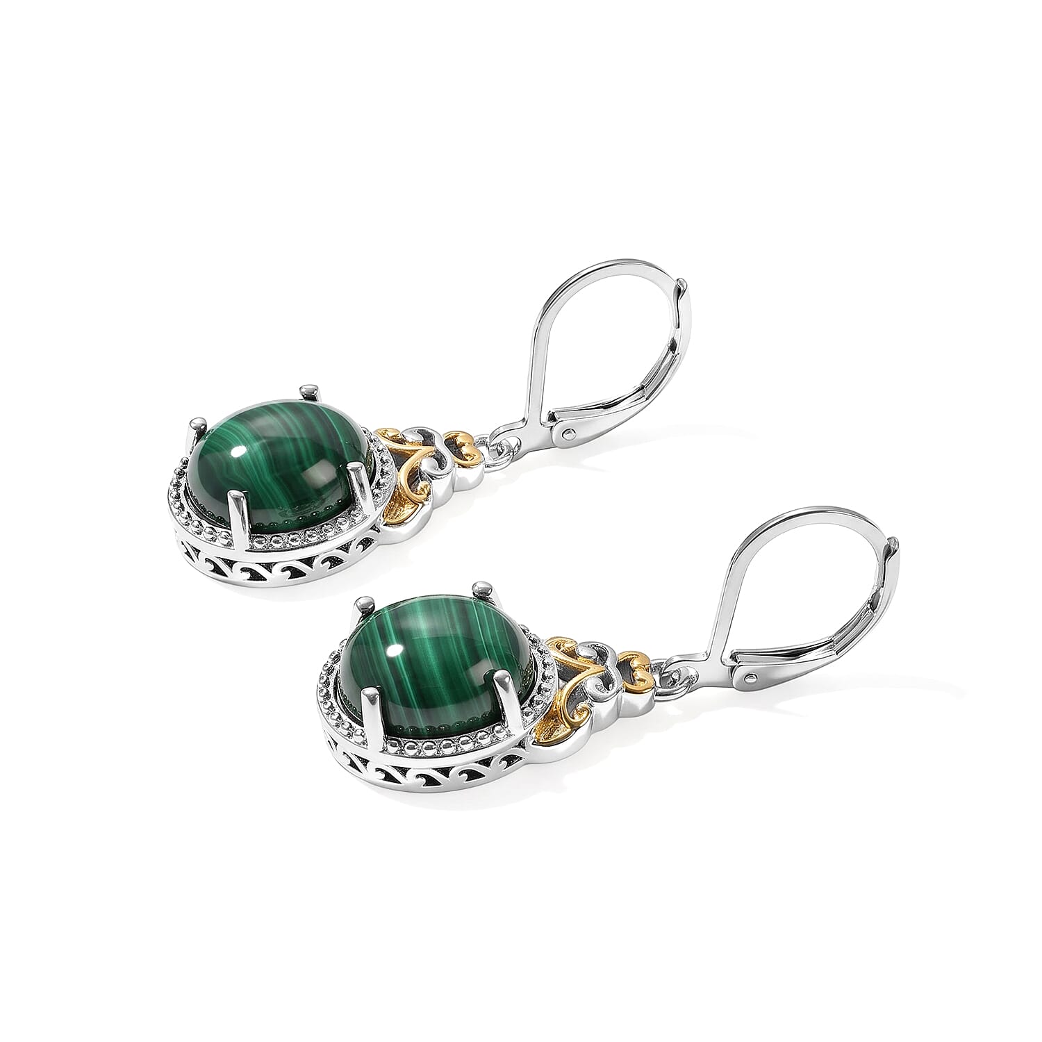 EverTrue African Malachite 11.40 ctw Verdant Filigree Lever Back Earrings in 18K YG Plated and Platinum Bond