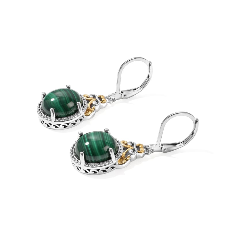 EverTrue African Malachite 11.40 ctw Verdant Filigree Lever Back Earrings in 18K YG Plated and Platinum Bond