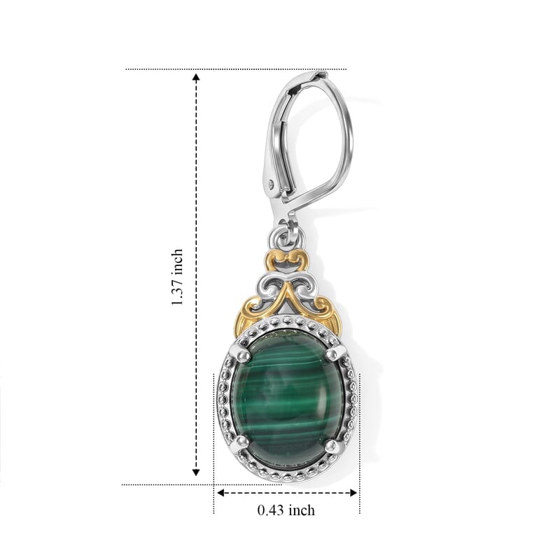 EverTrue African Malachite 11.40 ctw Verdant Filigree Lever Back Earrings in 18K YG Plated and Platinum Bond