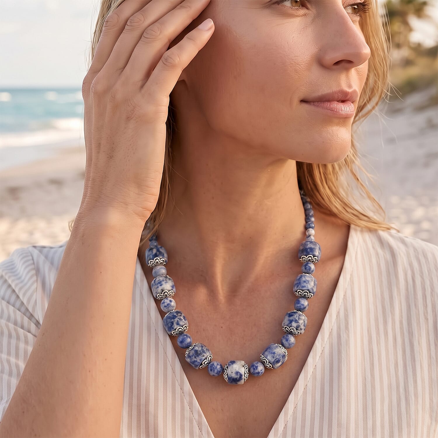 EverTrue Sodalite 395.00 ctw Beaded Necklace in Platinum Bond 20 Inches
