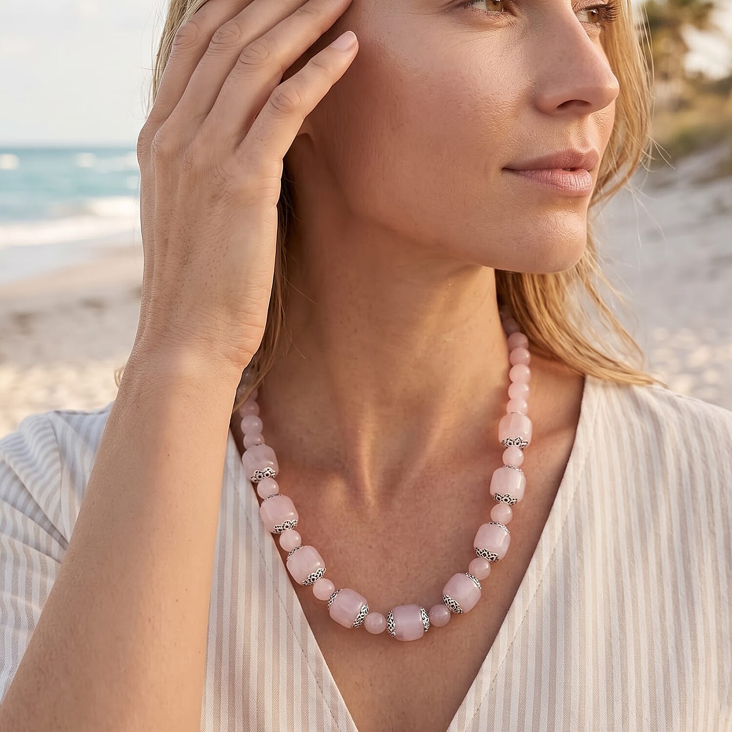 EverTrue Rose Quartz 525.00 ctw Beaded Necklace in Platinum Bond 20 Inches