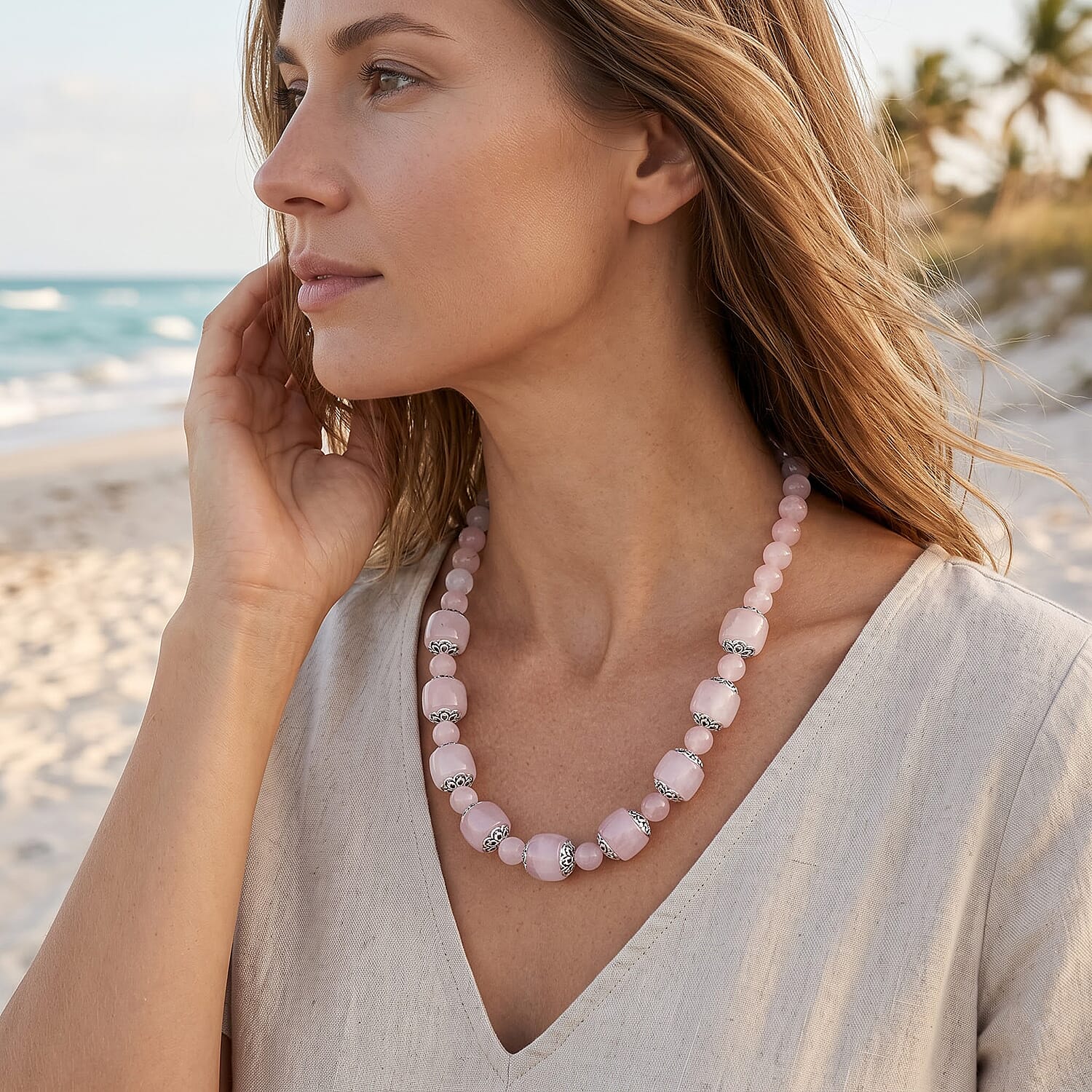 EverTrue Rose Quartz 525.00 ctw Beaded Necklace in Platinum Bond 20 Inches