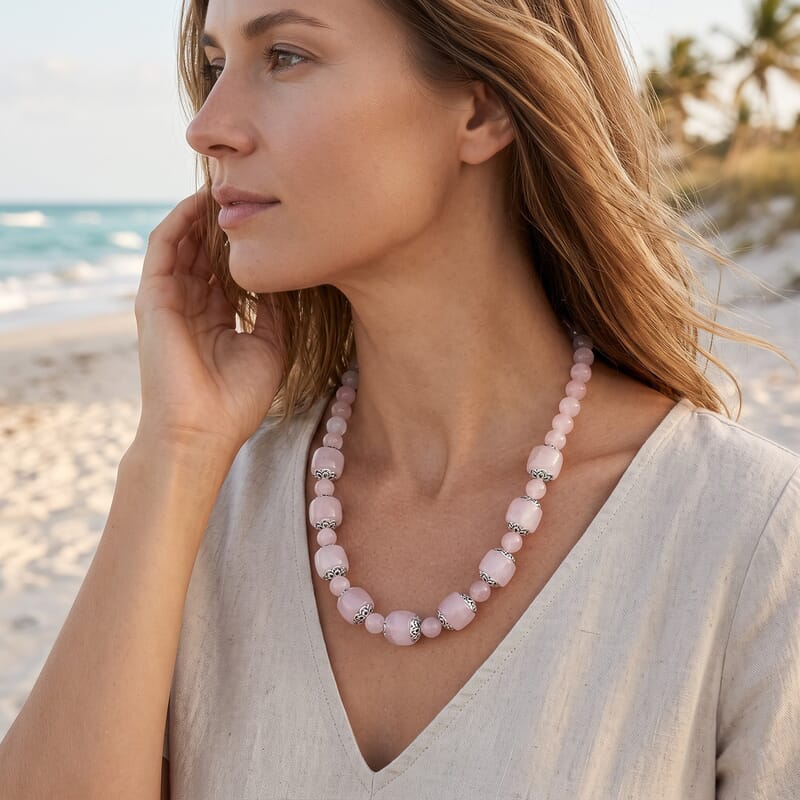 EverTrue Rose Quartz 525.00 ctw Beaded Necklace in Platinum Bond 20 Inches