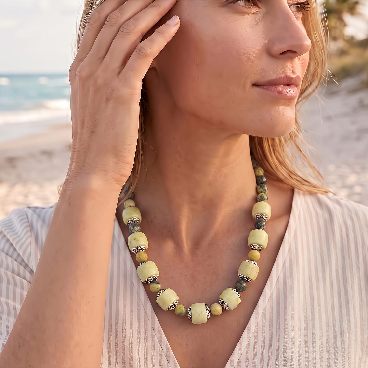 EverTrue Serpentine and Yellow Turquoise 510.00 ctw Beaded Necklace in Platinum Bond 20 Inches