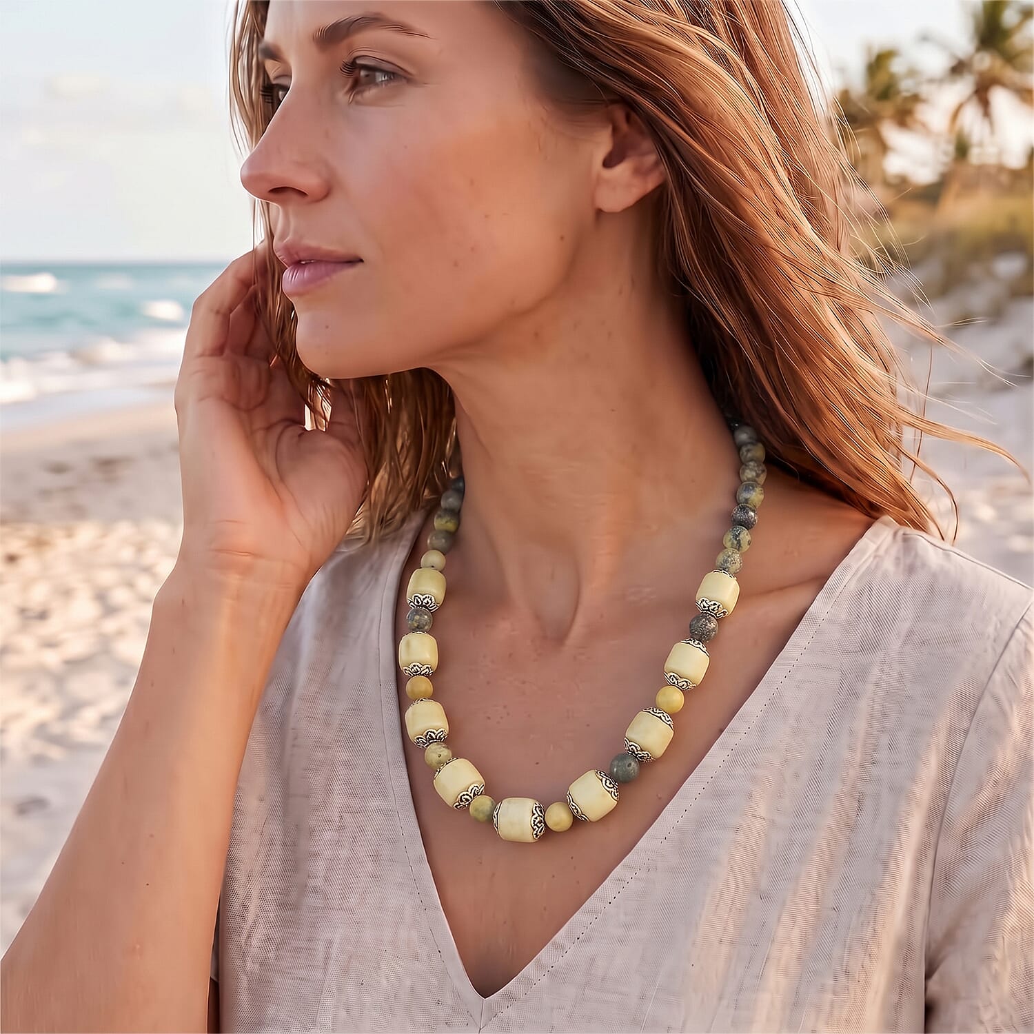 EverTrue Serpentine and Yellow Turquoise 510.00 ctw Beaded Necklace in Platinum Bond 20 Inches