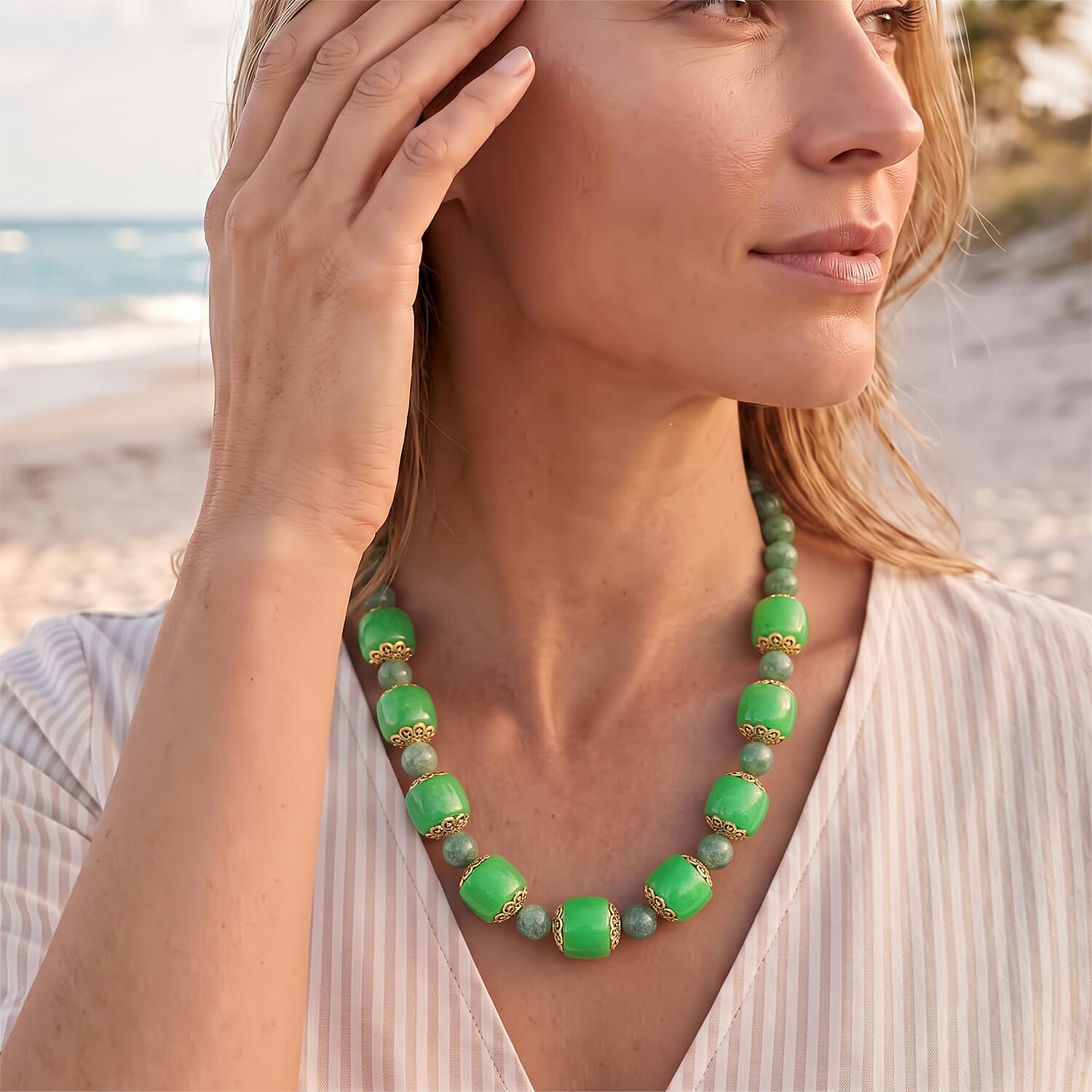 EverTrue Green Aventurine 485.00 ctw Beaded Necklace in 18K YG Plated 20 Inches