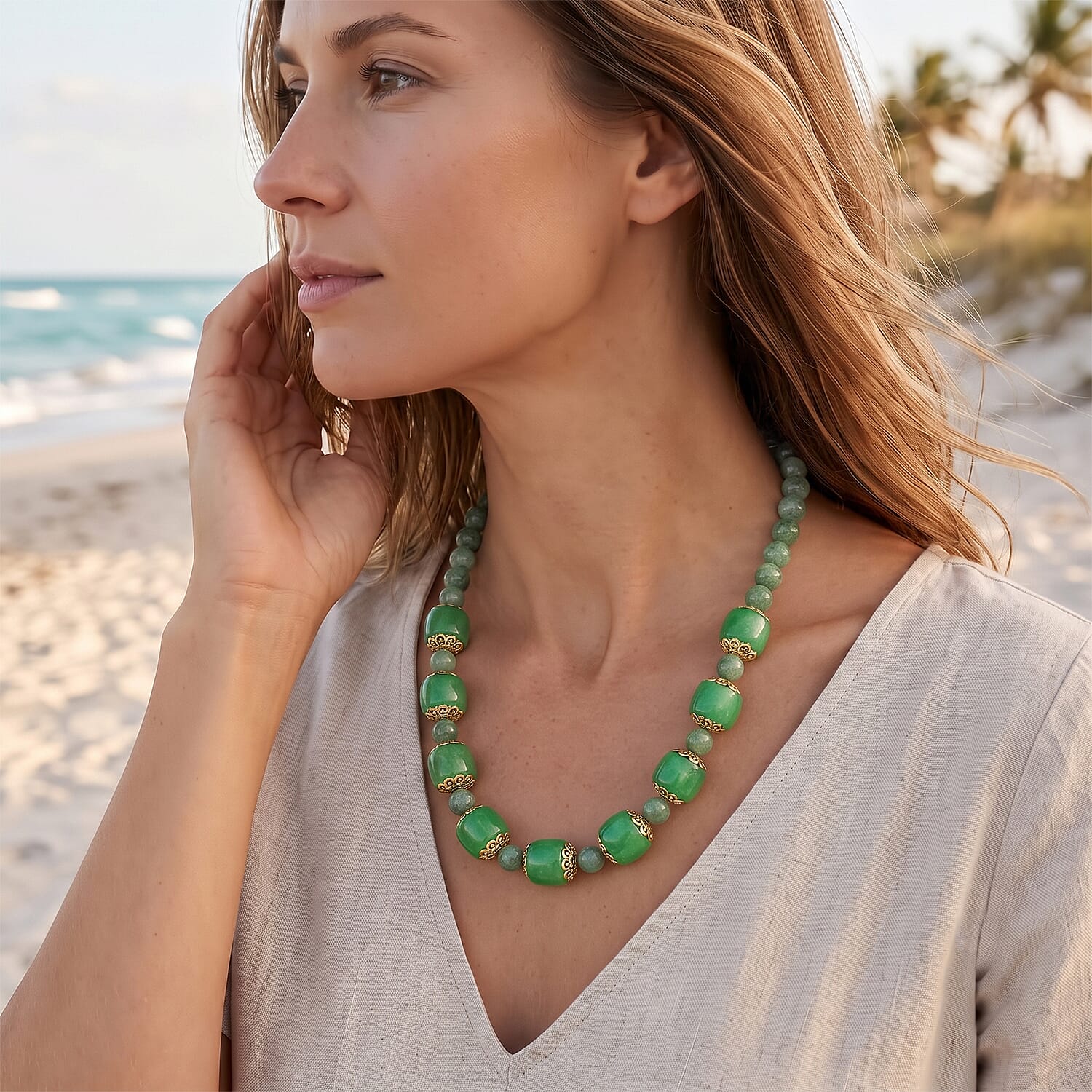 EverTrue Green Aventurine 485.00 ctw Beaded Necklace in 18K YG Plated 20 Inches