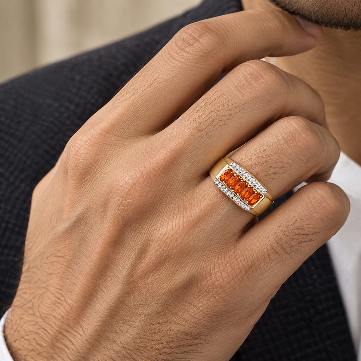 D'Joy AAA Crimson Fire Opal and Moissanite 1.00 ctw Men's Ring in 18K Vermeil Yellow Gold Over Sterling Silver (Size 9.0)
