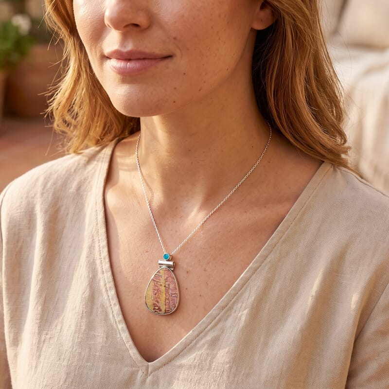 Red Picture Jasper and Multi Gemstone 60.00 ctw Drop Tube Pendant Without in Stainless Steel (Center Stone Varies)