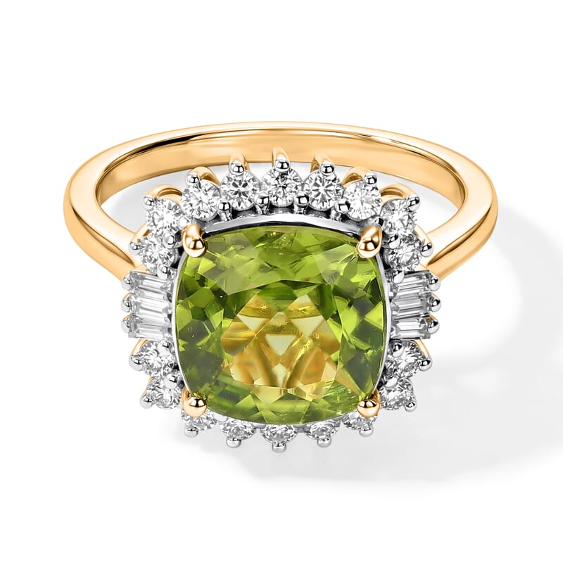 Certified and Appraised D'Joy Premium Hebei Peridot and Moissanite 4.35 ctw Ring in 18K Vermeil Yellow Gold Over Sterling Silver (Size 8.0)