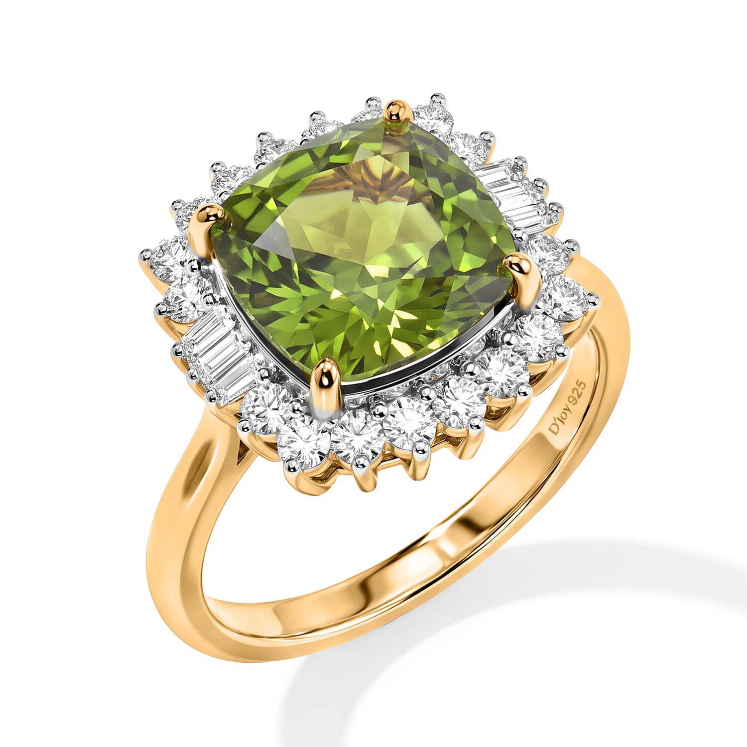 Certified and Appraised D'Joy Premium Hebei Peridot and Moissanite 4.35 ctw Ring in 18K Vermeil Yellow Gold Over Sterling Silver (Size 8.0)