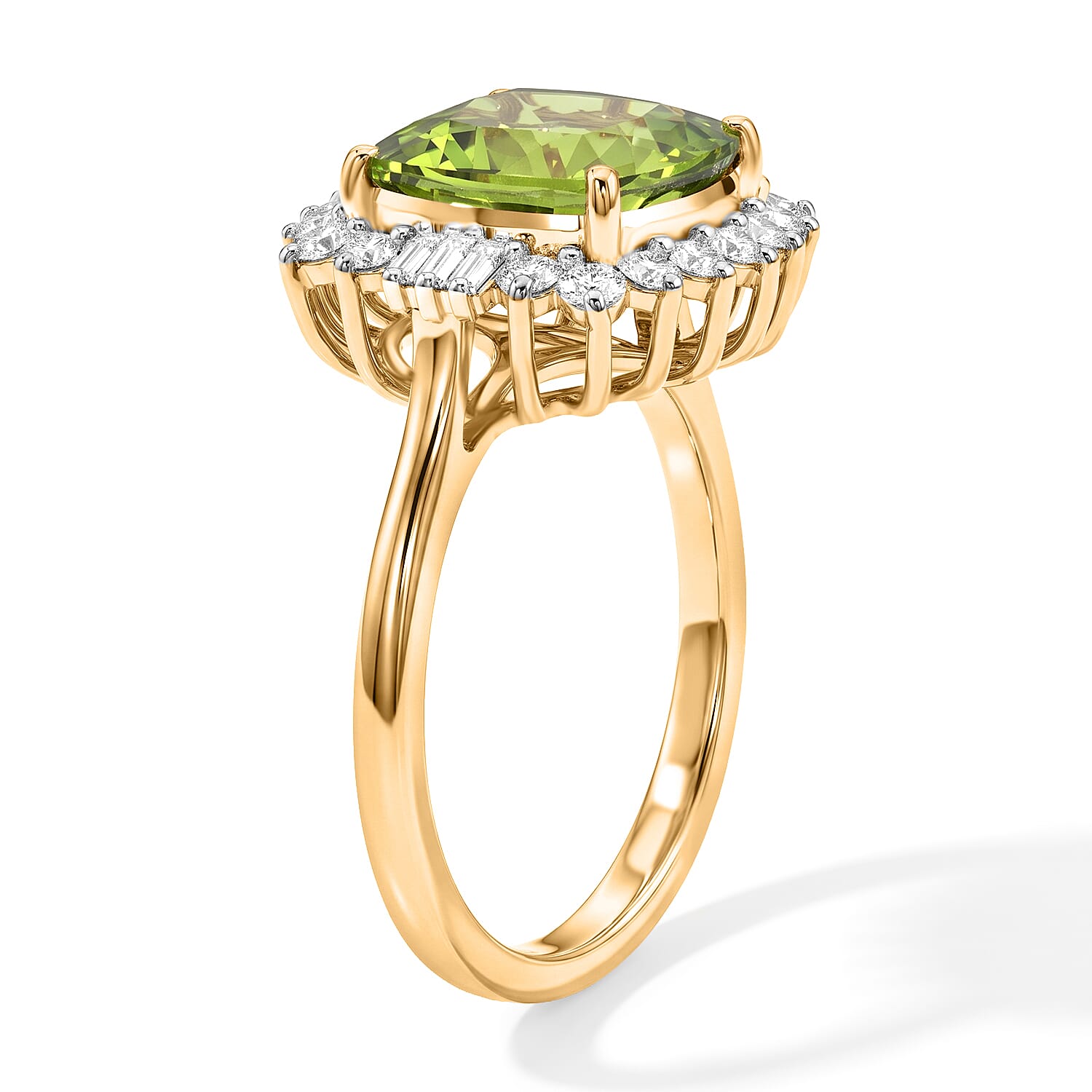 Certified and Appraised D'Joy Premium Hebei Peridot and Moissanite 4.35 ctw Ring in 18K Vermeil Yellow Gold Over Sterling Silver (Size 8.0)