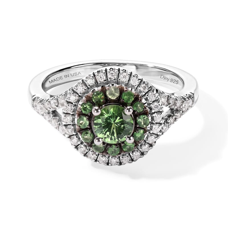 D'Joy Premium Tsavorite Garnet and Moissanite 1.00 ctw Floral Cluster Ring in Rhodium Over Sterling Silver (Size 6.0)