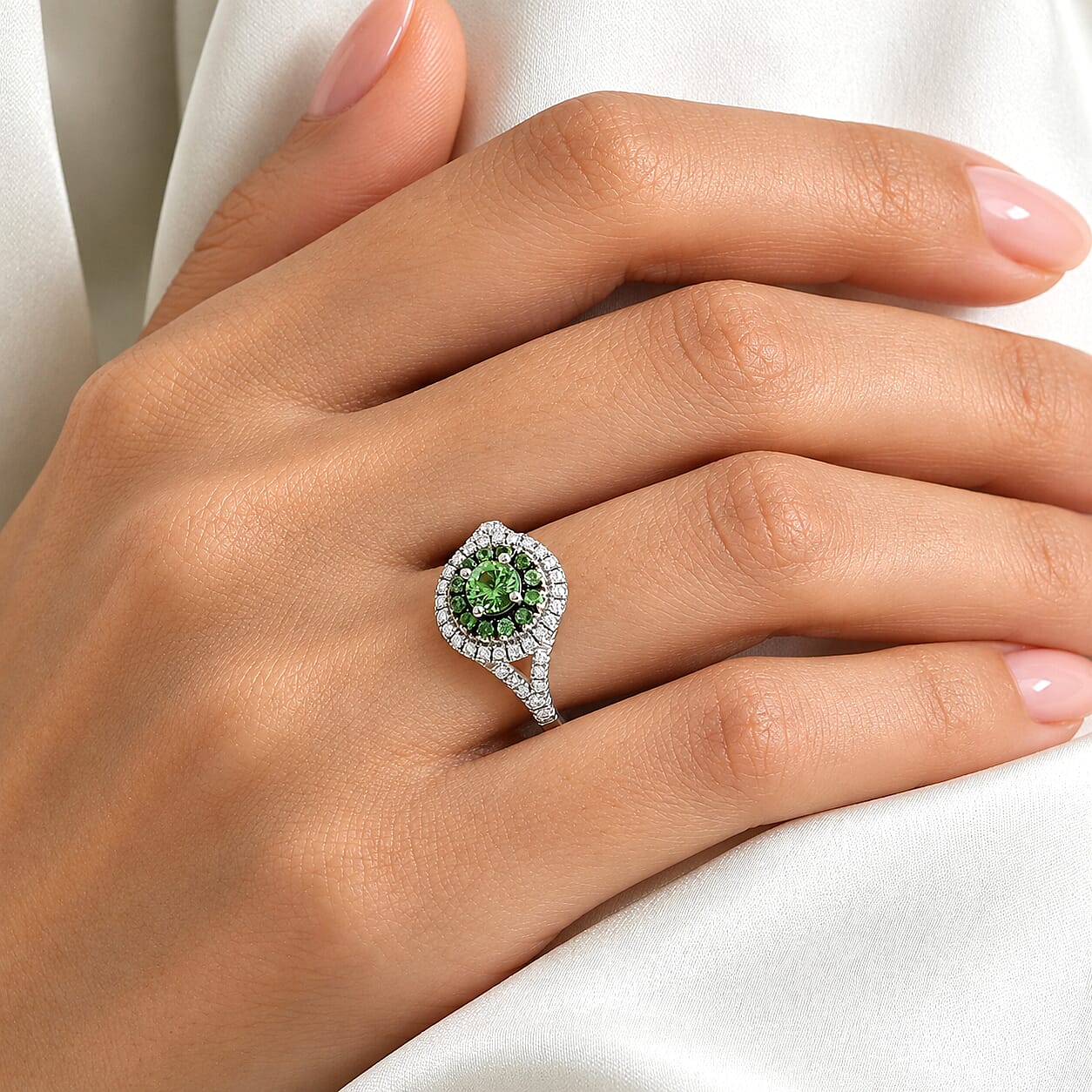 D'Joy Premium Tsavorite Garnet and Moissanite 1.00 ctw Floral Cluster Ring in Rhodium Over Sterling Silver (Size 6.0)